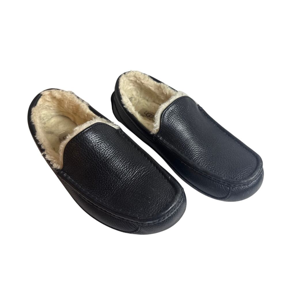 UGG Mens Leather Ascot Slippers Black Shearling Sheepskin Sherpa Size 11 5379B